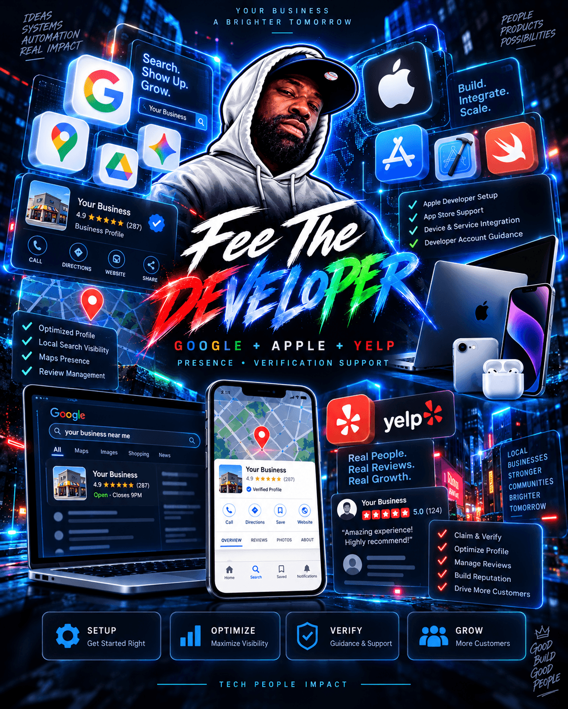 Fee The Developer business presence artwork featuring Google, Apple, and Yelp services