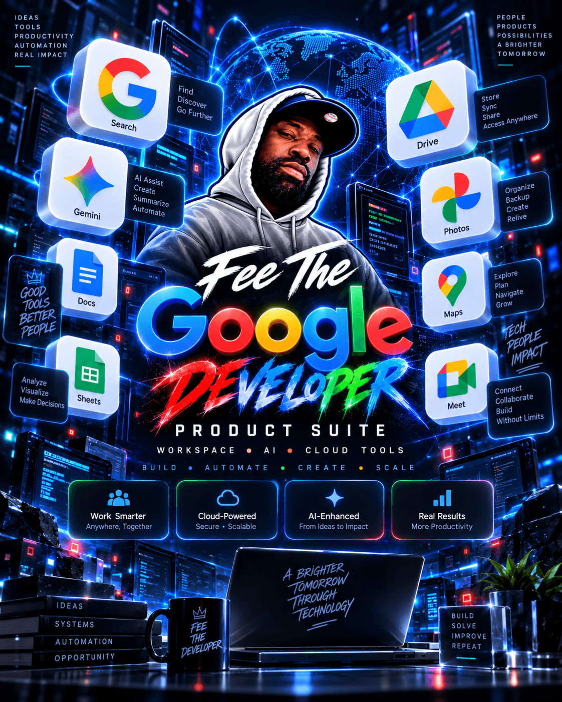 Fee The Developer artwork featuring Google Search, Gemini, Drive, Docs, Sheets, Photos, Maps, and Meet
