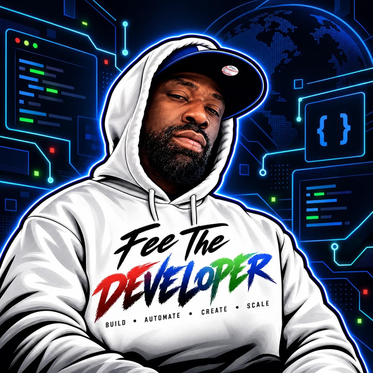 Illustrated portrait of Fee The Developer in a white hoodie against a blue developer workspace